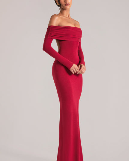 Cherry Red Off-Shoulder Long-Sleeve Maxi Dress