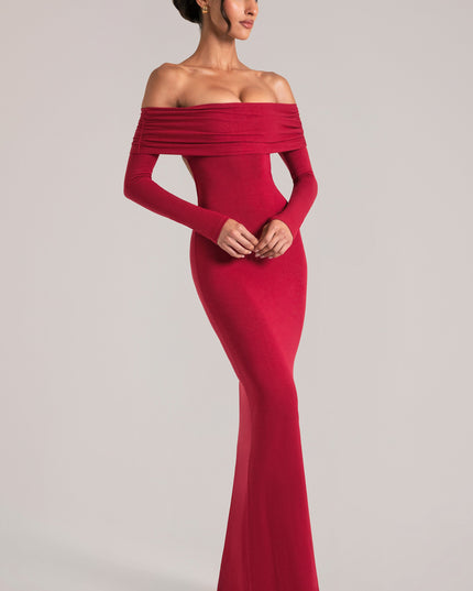 Cherry Red Off-Shoulder Long-Sleeve Maxi Dress