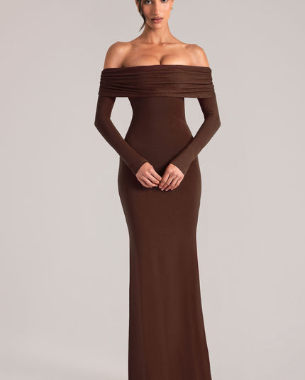 Chocolate Brown Off-Shoulder Long-Sleeve Maxi Dress