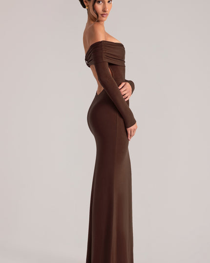 Chocolate Brown Off-Shoulder Long-Sleeve Maxi Dress