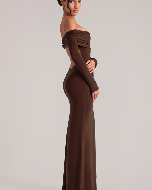 Chocolate Brown Off-Shoulder Long-Sleeve Maxi Dress