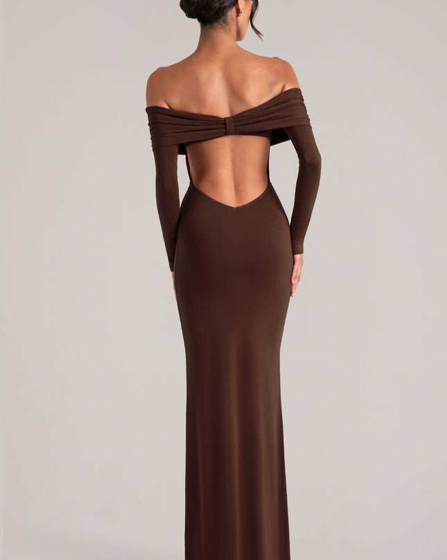 Chocolate Brown Off-Shoulder Long-Sleeve Maxi Dress