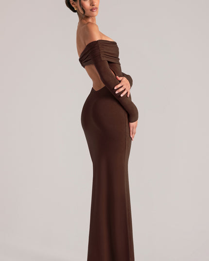 Chocolate Brown Off-Shoulder Long-Sleeve Maxi Dress