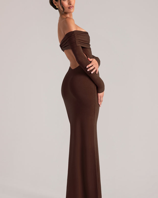 Chocolate Brown Off-Shoulder Long-Sleeve Maxi Dress