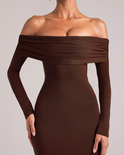 Chocolate Brown Off-Shoulder Long-Sleeve Maxi Dress