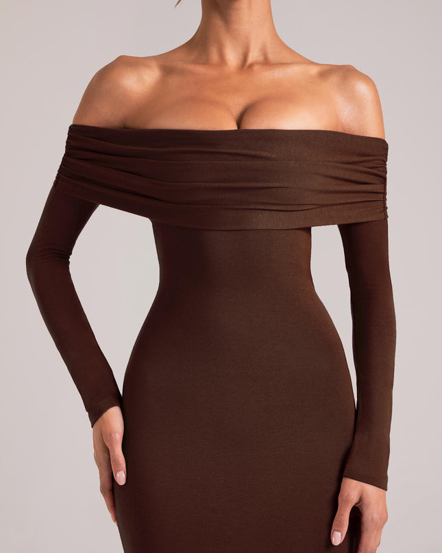 Chocolate Brown Off-Shoulder Long-Sleeve Maxi Dress