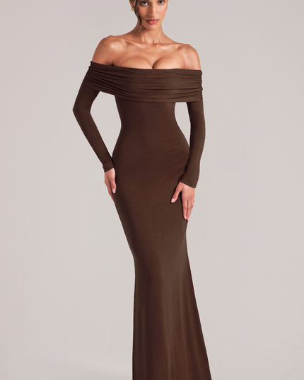 Chocolate Brown Off-Shoulder Long-Sleeve Maxi Dress