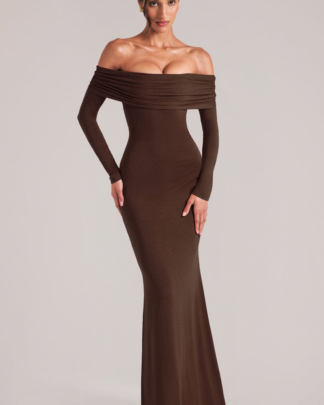 Chocolate Brown Off-Shoulder Long-Sleeve Maxi Dress