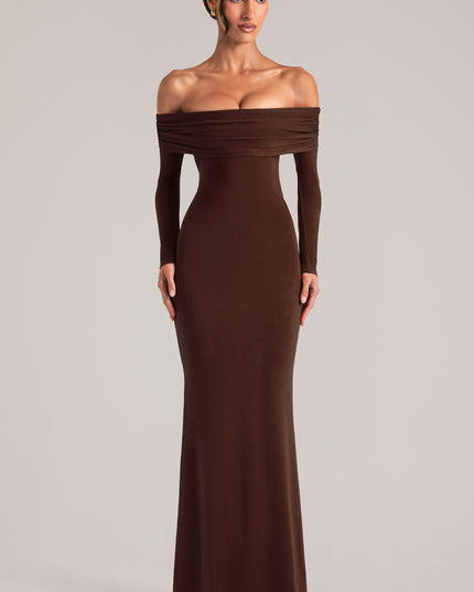 Chocolate Brown Off-Shoulder Long-Sleeve Maxi Dress