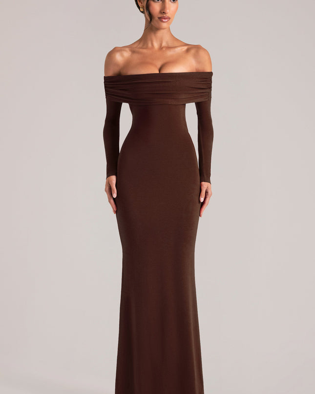 Chocolate Brown Off-Shoulder Long-Sleeve Maxi Dress