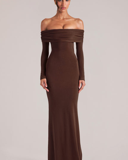 Chocolate Brown Off-Shoulder Long-Sleeve Maxi Dress