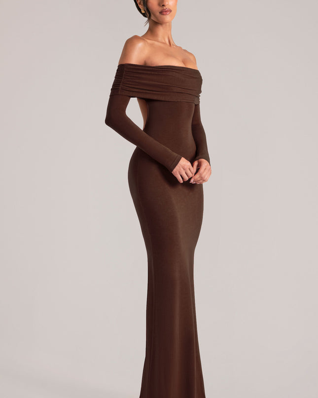 Chocolate Brown Off-Shoulder Long-Sleeve Maxi Dress
