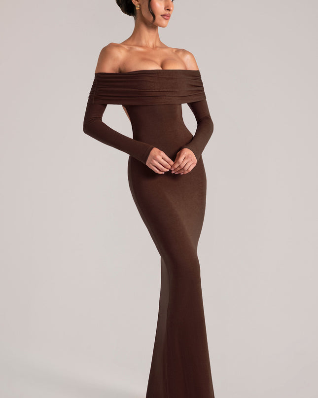 Chocolate Brown Off-Shoulder Long-Sleeve Maxi Dress