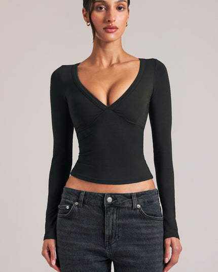Black V-Neck Long-Sleeve Top