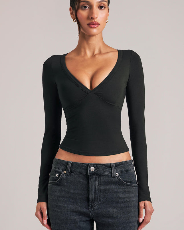 Black V-Neck Long-Sleeve Top