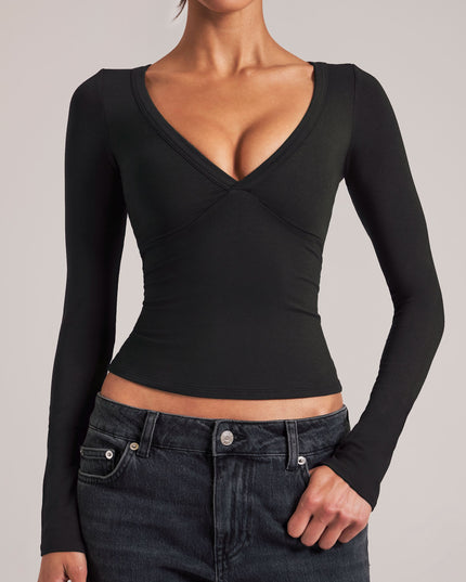 Black V-Neck Long-Sleeve Top