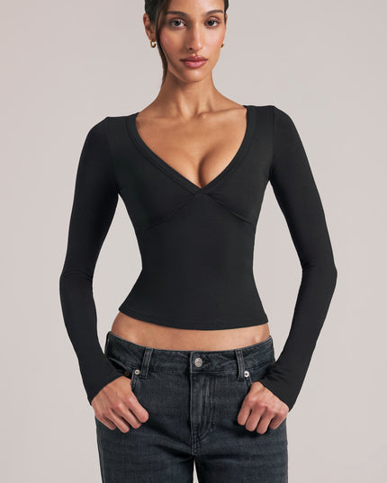 Black V-Neck Long-Sleeve Top