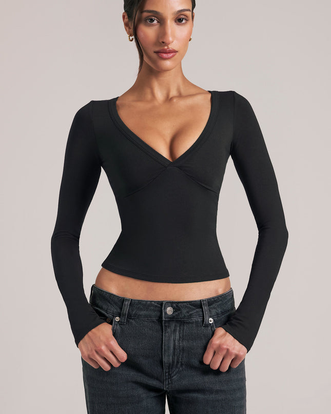 Black V-Neck Long-Sleeve Top