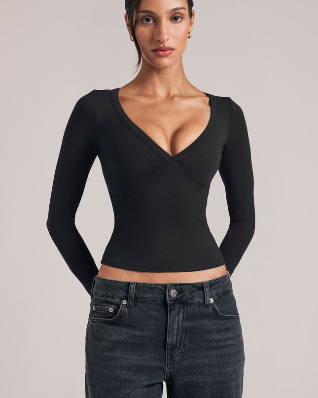 Black V-Neck Long-Sleeve Top