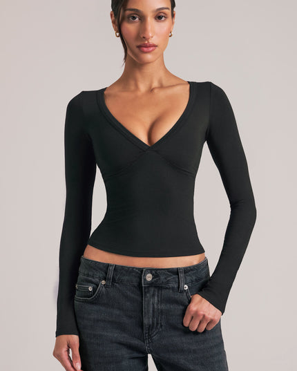 Black V-Neck Long-Sleeve Top