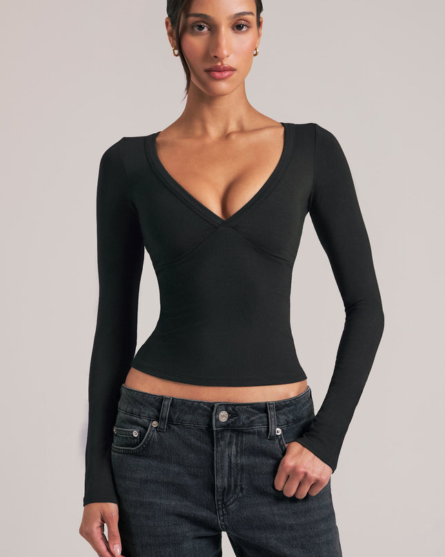 Black V-Neck Long-Sleeve Top