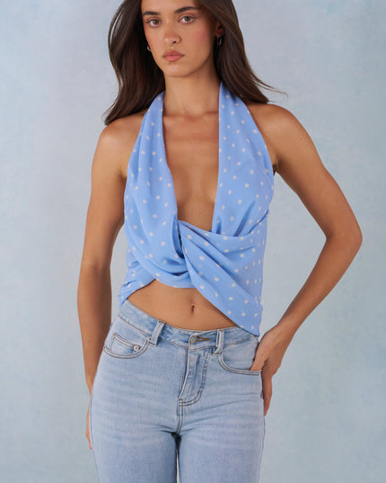Blue Polka Dot Print Deep Plunge Halterneck Top