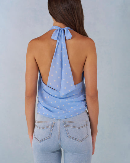 Blue Polka Dot Print Deep Plunge Halterneck Top