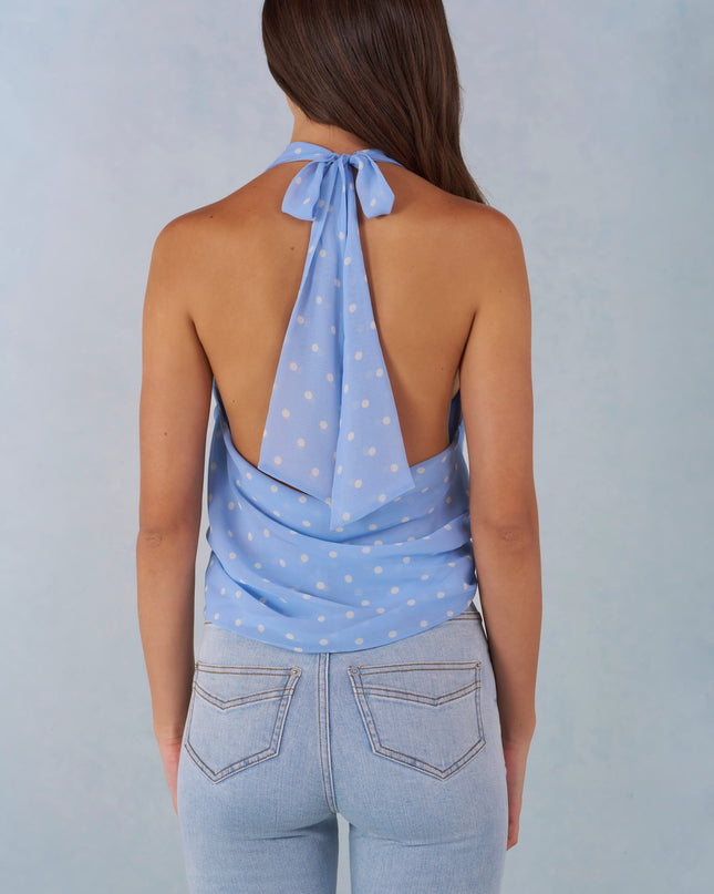 Blue Polka Dot Print Deep Plunge Halterneck Top
