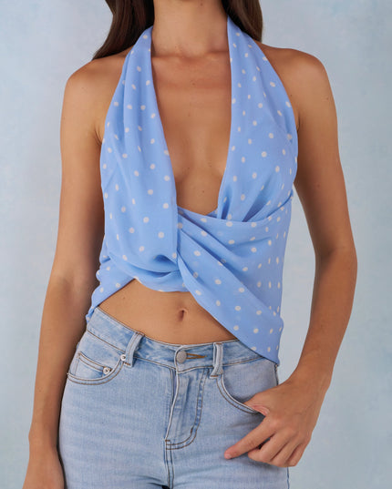 Blue Polka Dot Print Deep Plunge Halterneck Top