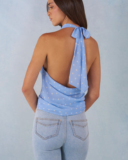 Blue Polka Dot Print Deep Plunge Halterneck Top