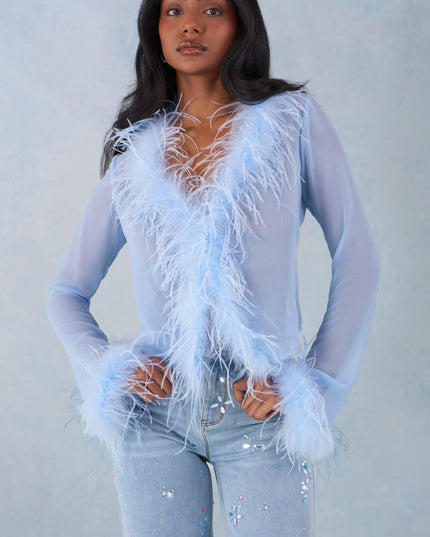Soft Blue Feather Trim Sheer Top