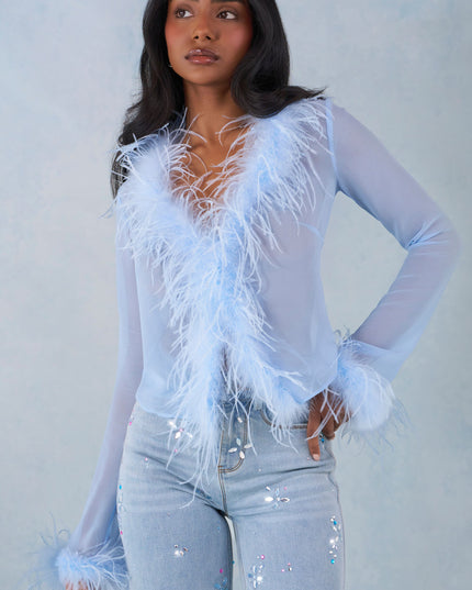 Soft Blue Feather Trim Sheer Top