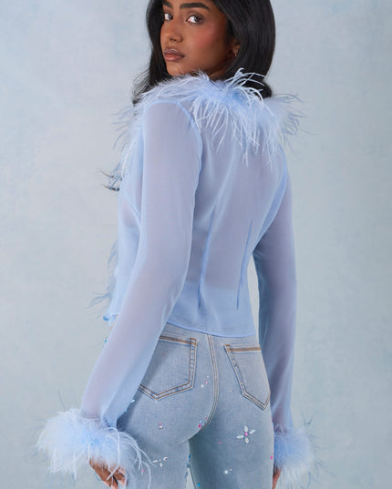 Soft Blue Feather Trim Sheer Top