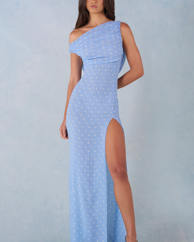Blue Polka Dot Print One-Shoulder Maxi Dress