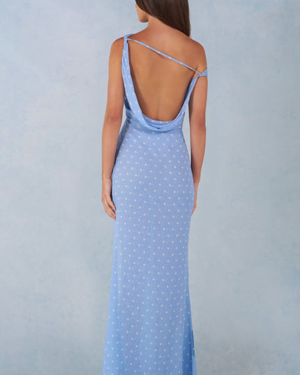 Blue Polka Dot Print One-Shoulder Maxi Dress