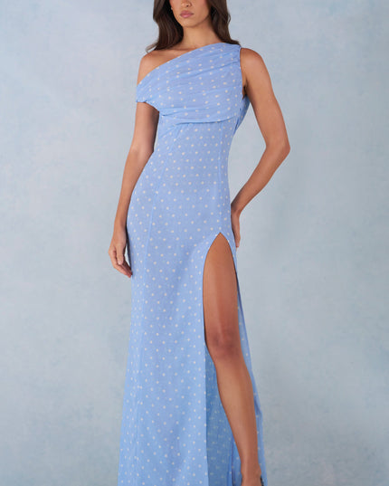 Blue Polka Dot Print One-Shoulder Maxi Dress