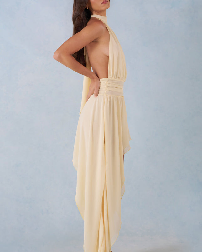 Butter Yellow Halterneck Asymmetric Maxi Dress