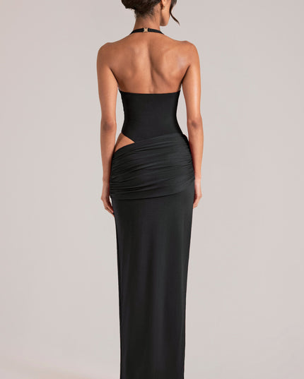 Black Deep Plunge Halterneck Maxi Dress