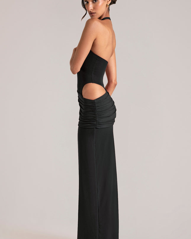 Black Deep Plunge Halterneck Maxi Dress