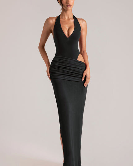 Black Deep Plunge Halterneck Maxi Dress