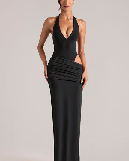 Black Deep Plunge Halterneck Maxi Dress