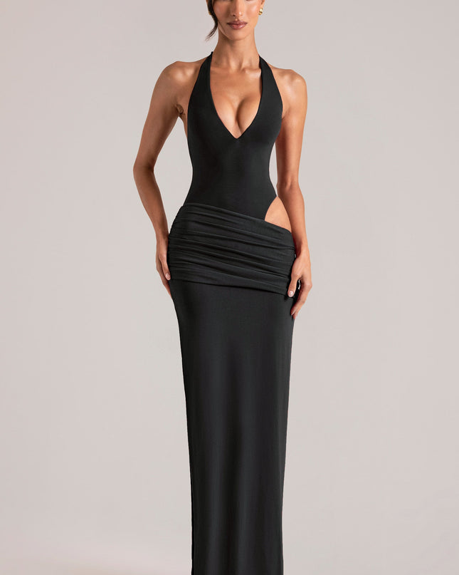 Black Deep Plunge Halterneck Maxi Dress