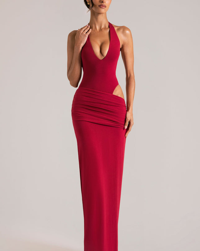 Cherry Red Deep Plunge Halterneck Maxi Dress