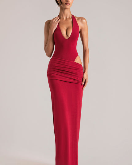 Cherry Red Deep Plunge Halterneck Maxi Dress