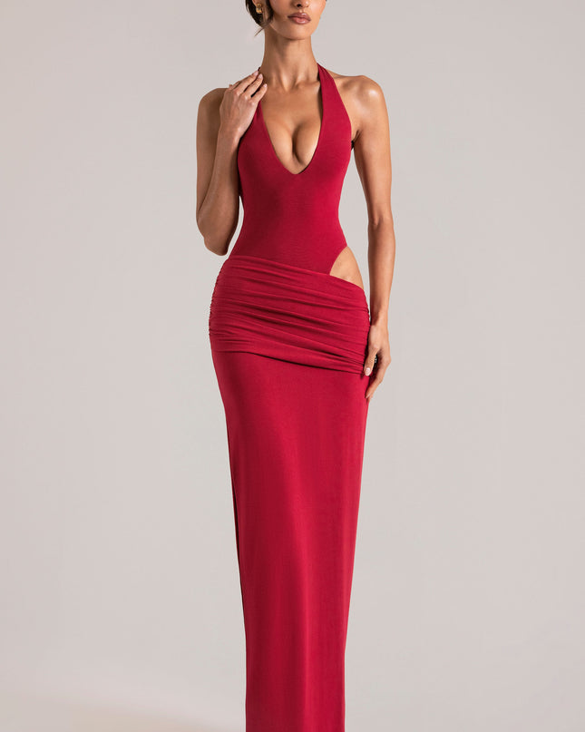 Cherry Red Deep Plunge Halterneck Maxi Dress