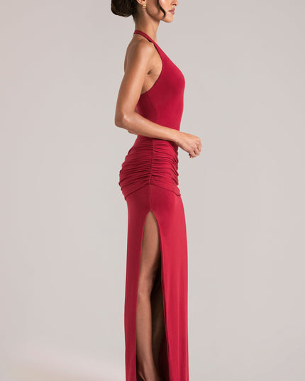 Cherry Red Deep Plunge Halterneck Maxi Dress