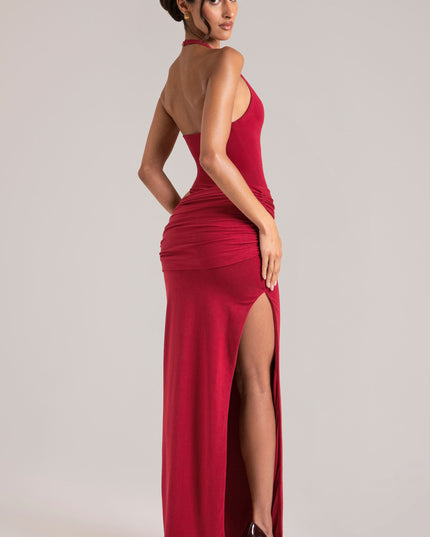 Cherry Red Deep Plunge Halterneck Maxi Dress