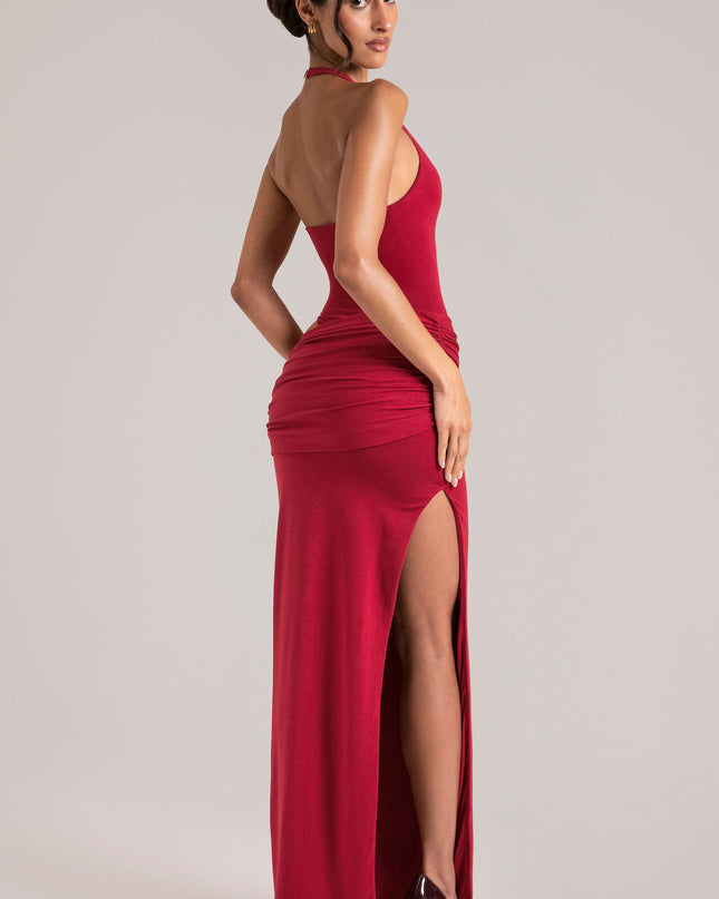 Cherry Red Deep Plunge Halterneck Maxi Dress