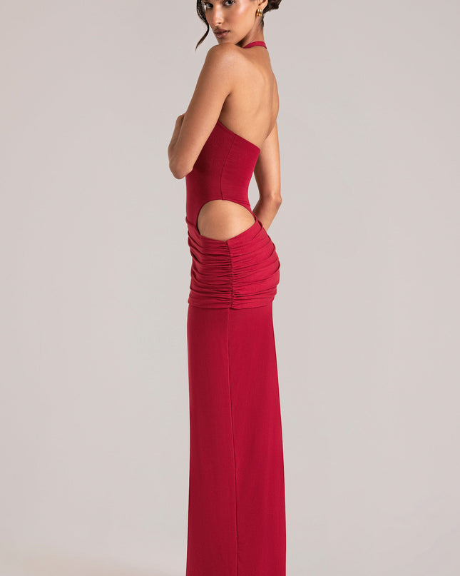 Cherry Red Deep Plunge Halterneck Maxi Dress