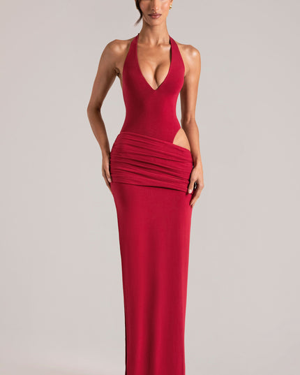 Cherry Red Deep Plunge Halterneck Maxi Dress